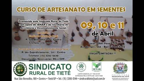 Sindicato Rural de Tietê promoverá curso de Artesanato em Semente